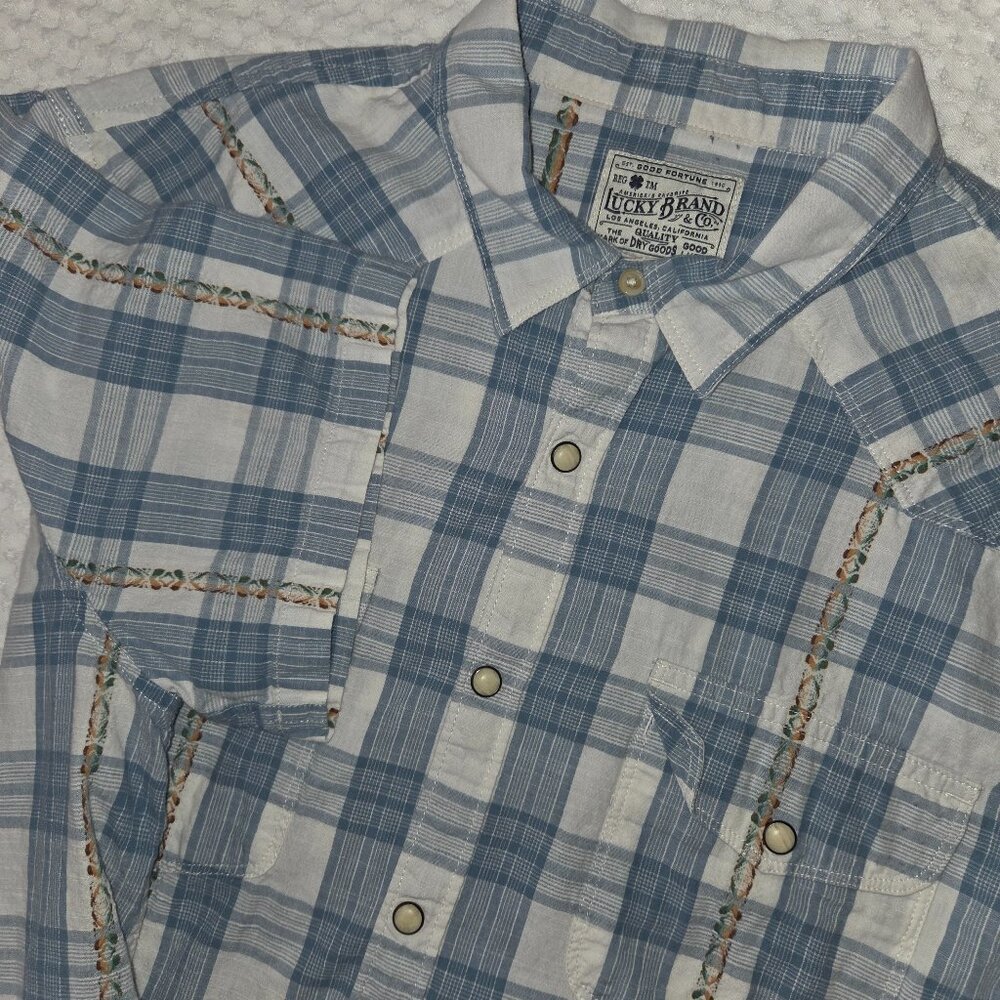 Lucky Brand Shirt Men's Large Blue Plaid Western Short Sleeve Pearl Snap Cowboy